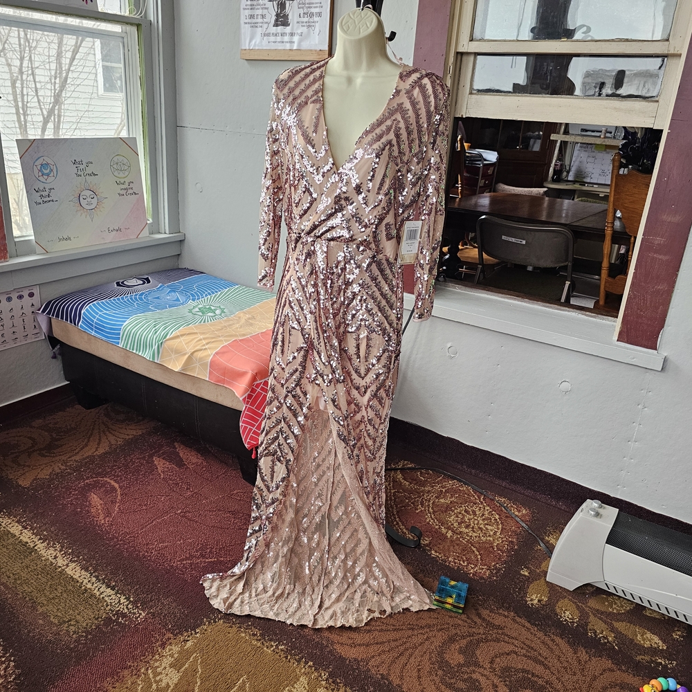Sequin V-Neck Gown in Pink and Silver